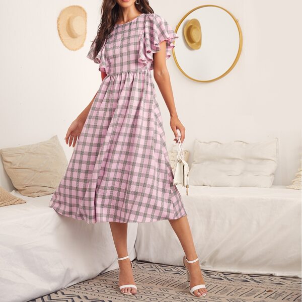 

Butterfly Sleeve Plaid Dress, Multicolor