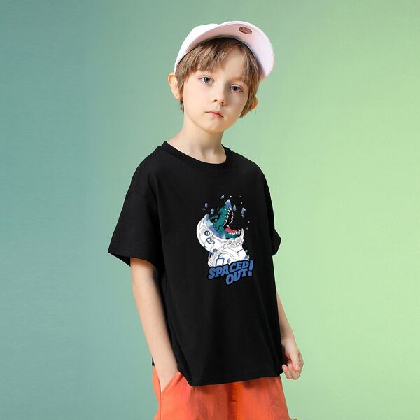 

Boys Slogan & Dinosaur Print Tee, Black