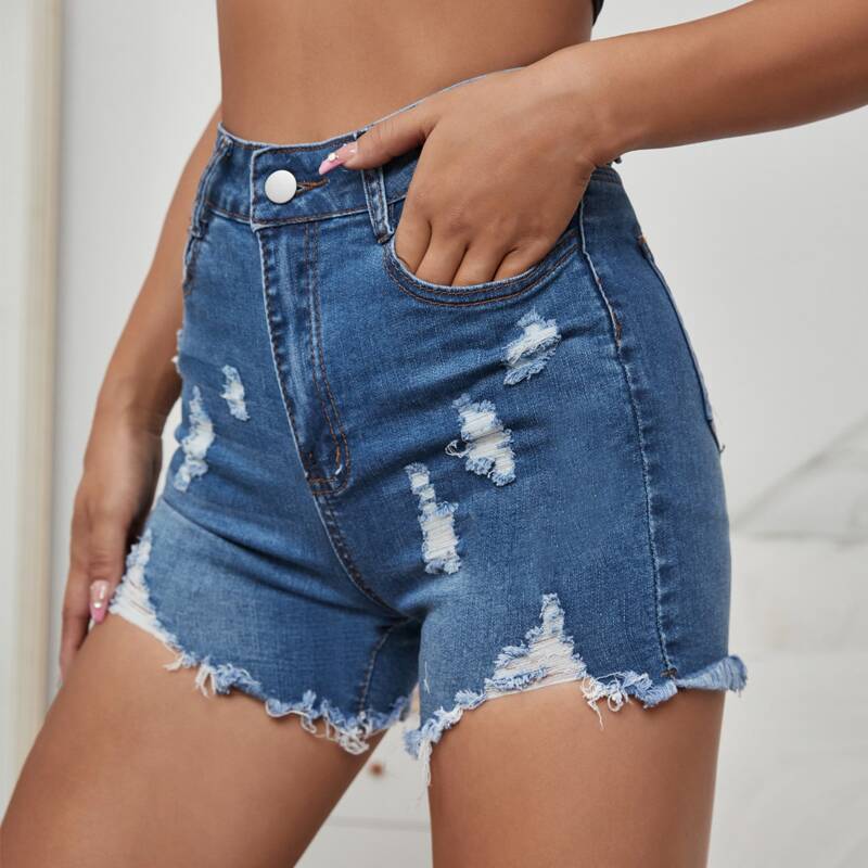 

High Waist Ripped Denim Shorts, Medium wash