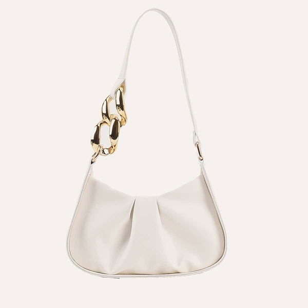 

Minimalist Chain Decor Ruched Bag, White