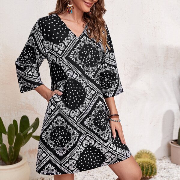 

Paisley Scarf Print Tunic Dress, Black