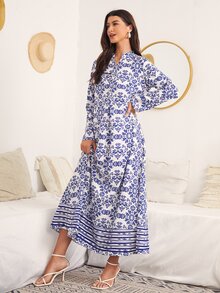 SHEIN 捲邊袖口全印花襯衫式連衣裙 - 藍色 - 查看 3