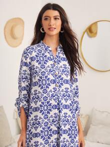 SHEIN 捲邊袖口全印花襯衫式連衣裙 - 藍色 - 查看 5
