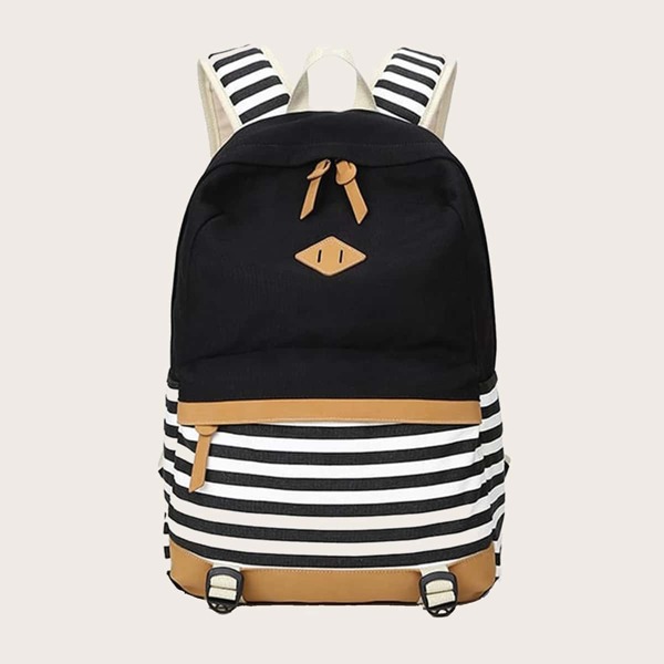 

Striped Pattern Pocket Front Backpack, Black