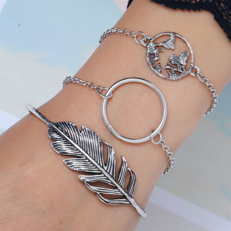 

3pcs Leaf & Coin Bracelet, Silver