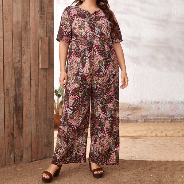 

Plus Notch Neck Patchwork Top & Pants Set, Multicolor