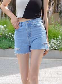 DAZY Shorts mezclilla desgarro bajo crudo - Lavado ligero - Ver 1