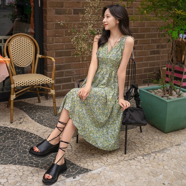 

Ditsy Floral Print Shirred Cami Dress, Green