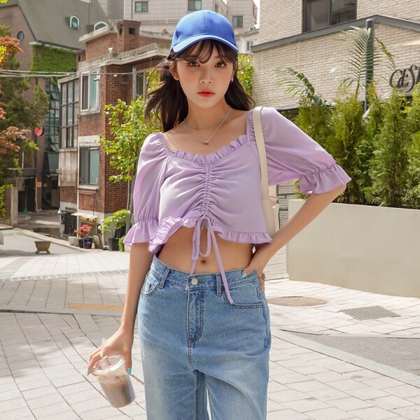 

Flounce Sleeve Drawstring Crop Blouse, Lilac purple