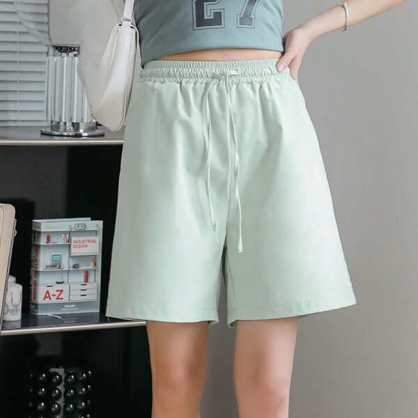 

Solid Drawstring Wide Leg Shorts, Mint green