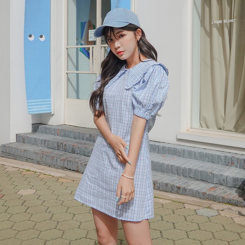 

Plaid Print Statement Collar Puff Sleeve Dress, Baby blue