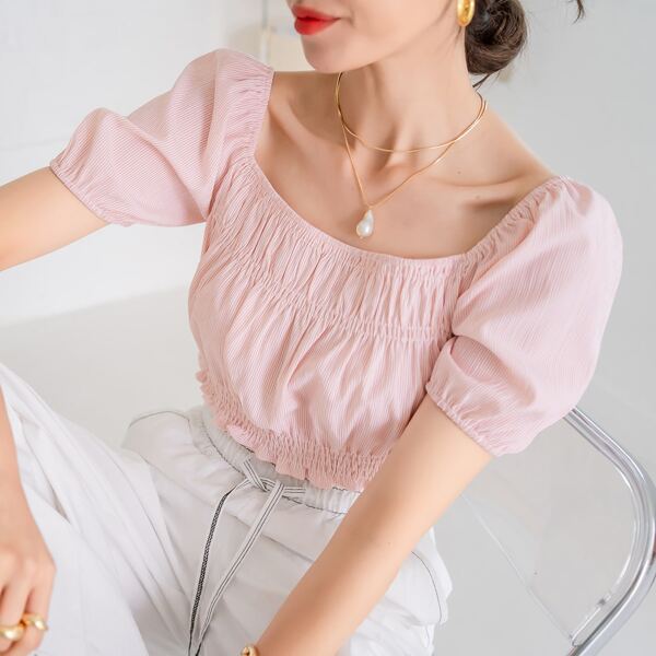 

Square Neck Stripe Ruffle Hem Blouse, Baby pink