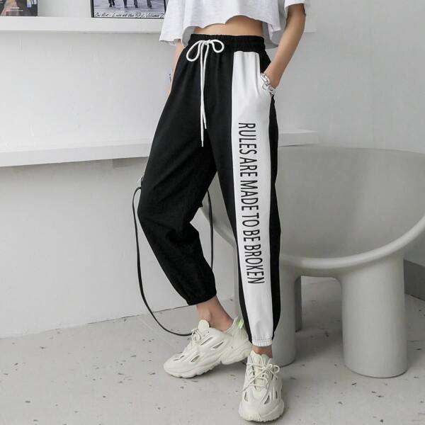 

Colorblock Slogan Graphic Drawstring Waist Sweatpants, Black