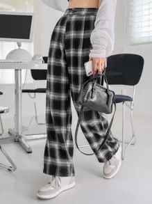 DAZY 格紋闊腿褲 - 黑色 - 查看 4