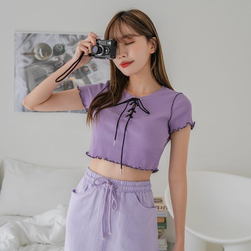 

Lettuce Trim Lace-up Crop Tee, Lilac purple