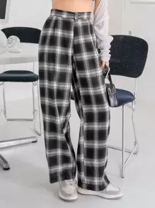 DAZY 格紋闊腿褲 - 黑色 - 查看 7