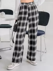 DAZY 格紋闊腿褲 - 黑色 - 查看 8