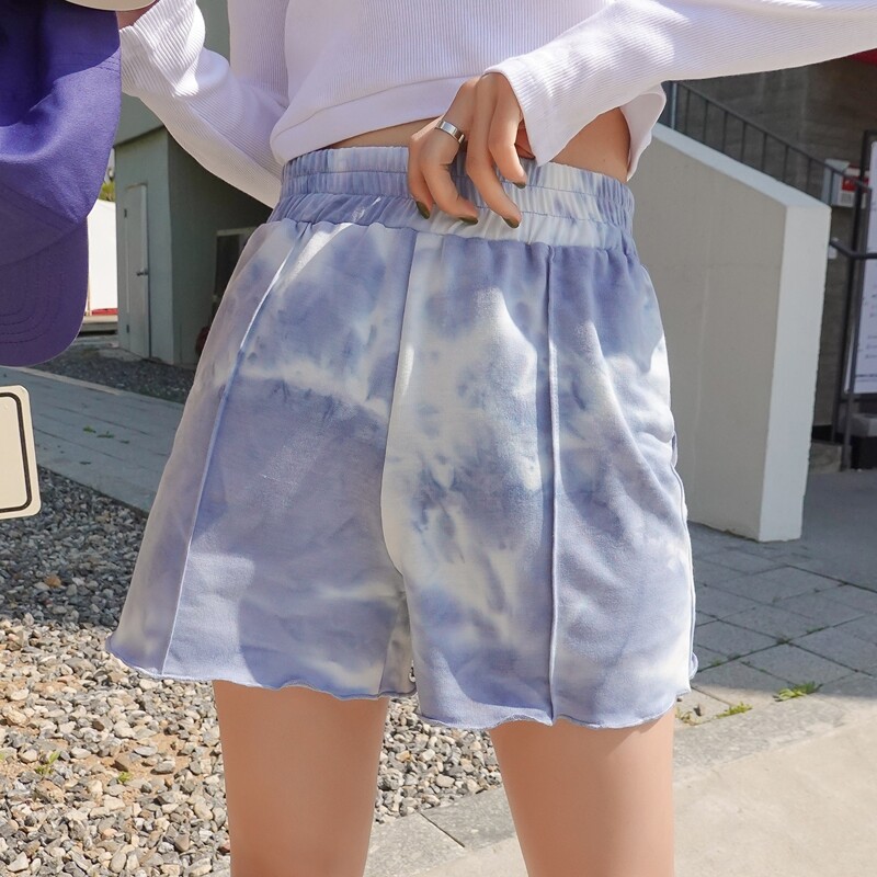 

Tie Dye Lettuce Trim Shorts, Blue and white
