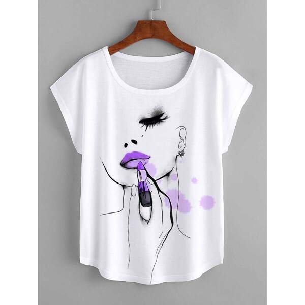 

Plus Figure And Lipstick Print Tee, White