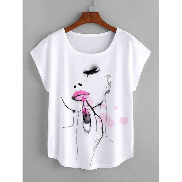 

Plus Figure And Lipstick Print Tee, White