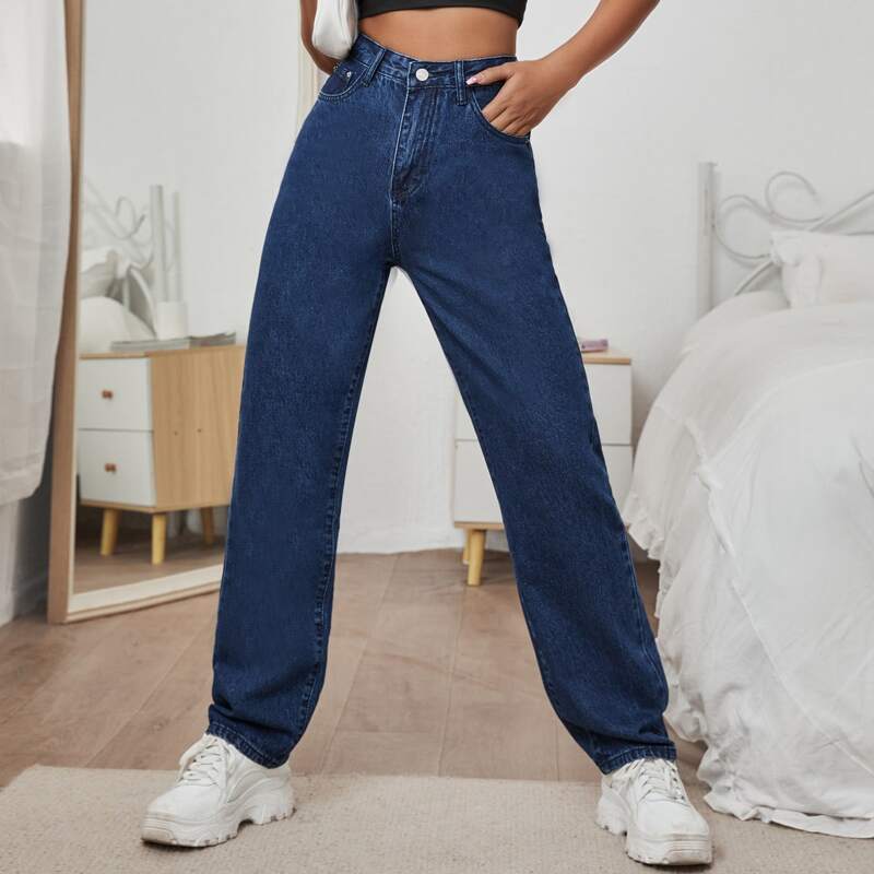 

High Waist Straight Leg Jeans, Dark wash