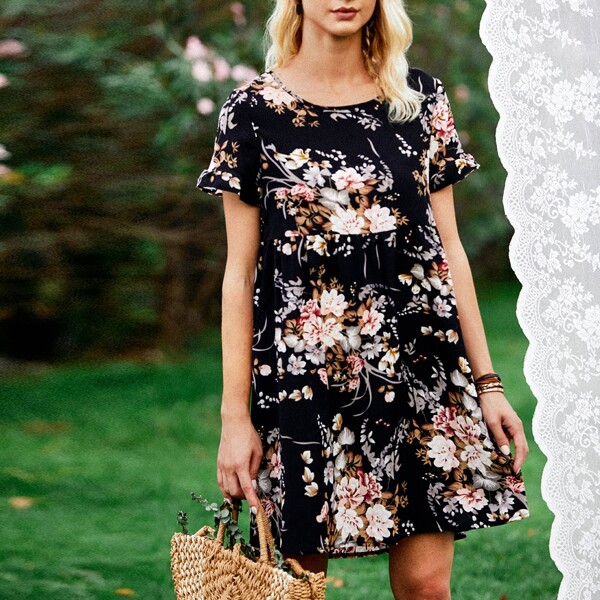 

Ruffle Cuff Floral Print Smock Dress, Black