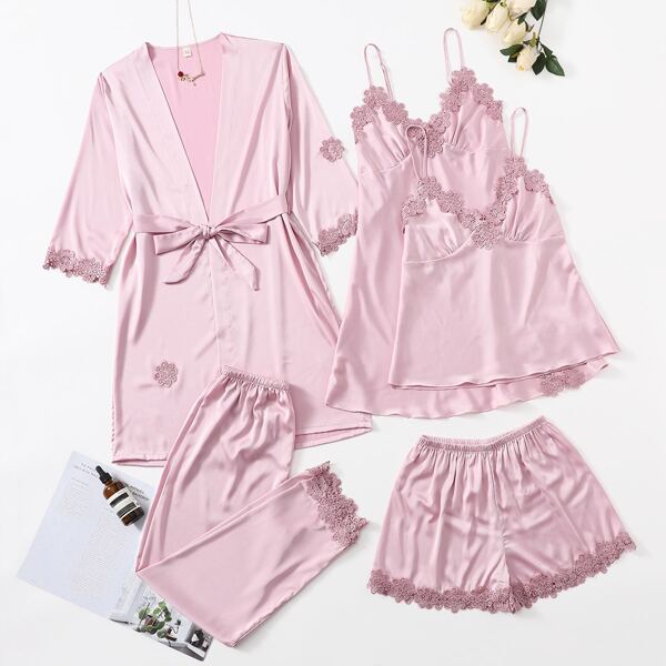 

5pc Appliques Satin Night Set, Baby pink
