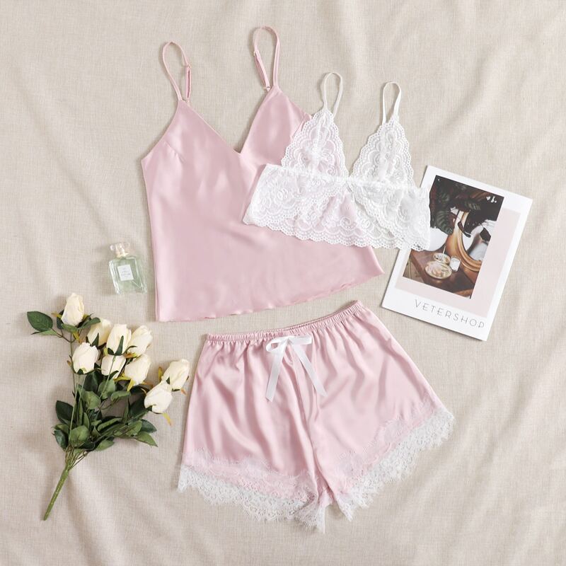 

3pcs Lace Trim Bow Front Satin PJ Set, Dusty pink