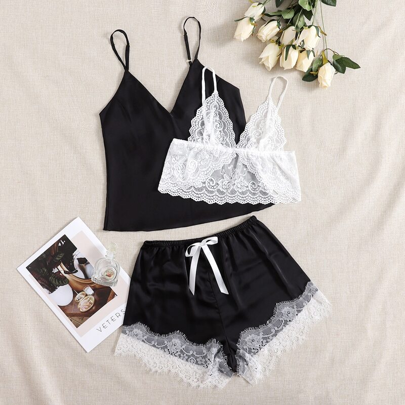 

3pcs Lace Trim Bow Front Satin PJ Set, Black