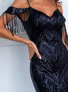 Missord Fringe Trim Mermaid Hem Sequins Prom Dress - Black - View 3