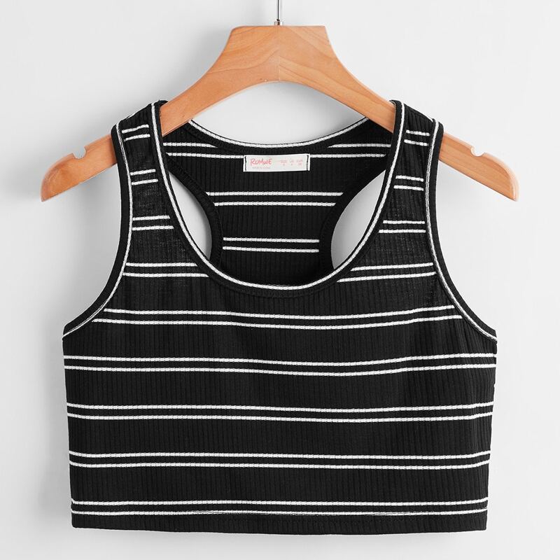 

Striped Ribbed Racer Back Tank Top, Black