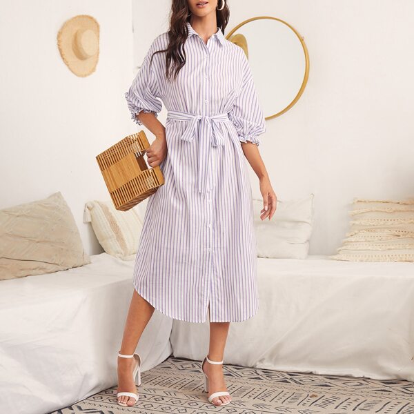 

Puff Sleeve Self Belted Shirt Dress, Multicolor