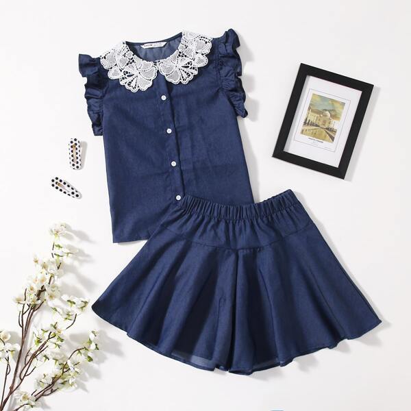 

Girls Guipure Lace Collar Blouse & Shorts Set, Navy blue