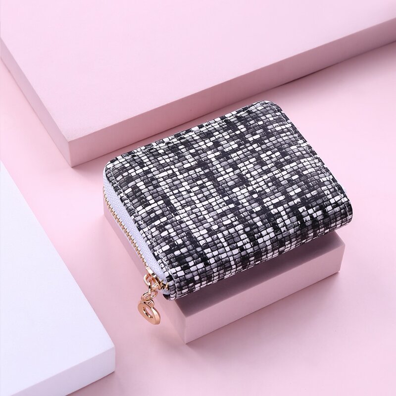 

Plaid Zip Around Purse, Black and white