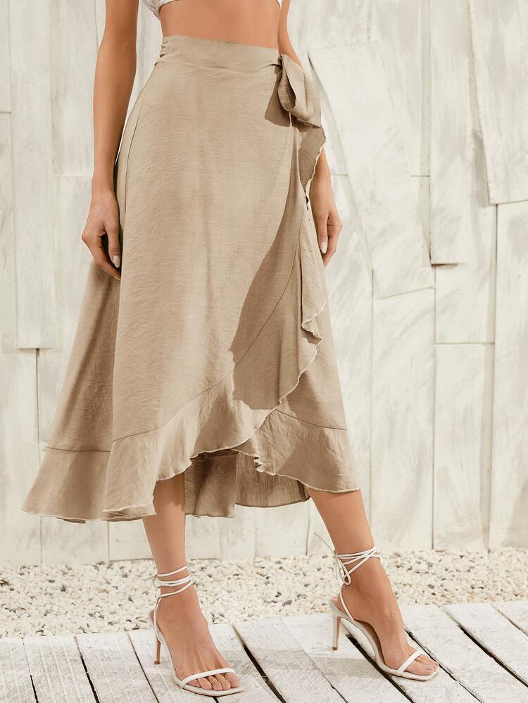 Ruffle Hem Wrap Knot Skirt - Khaki - View 4