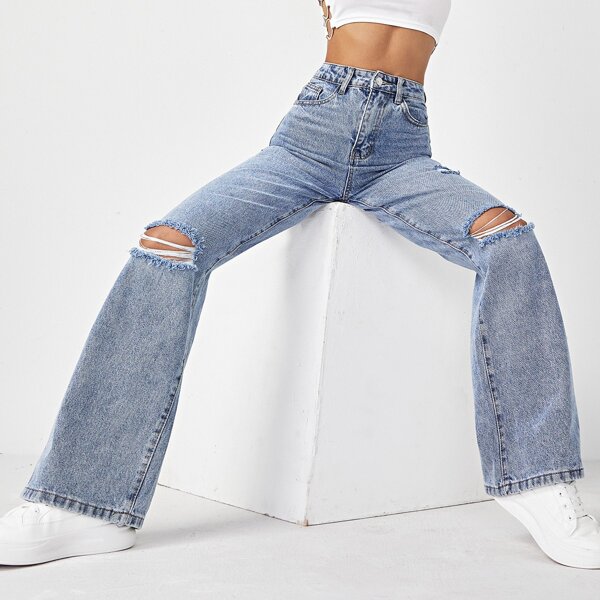 

High Waist Ripped Wide Leg Jeans, Light wash