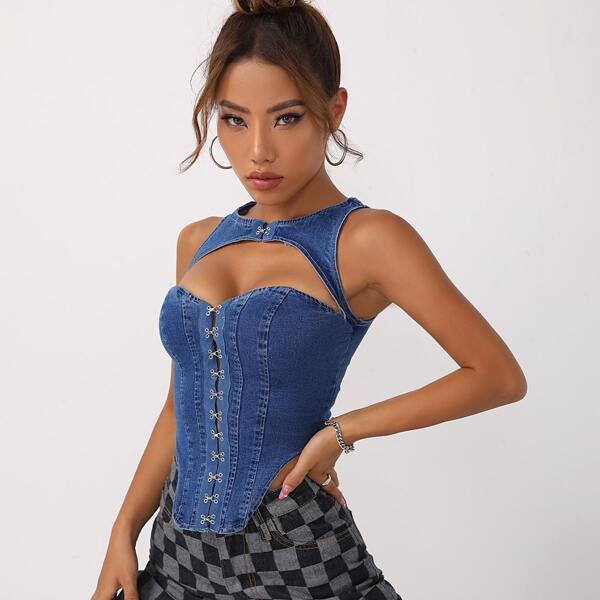 

Hook and Eye Cut Out Denim Top, Medium wash