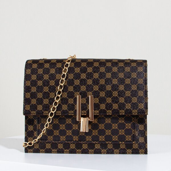 

Geo Graphic Flap Chain Crossbody Bag, Coffee brown