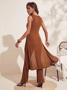 SHEIN Lace Up Longline Top & Trousers Set - Rust Brown - View 1