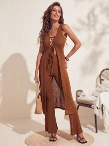 SHEIN Lace Up Longline Top & Trousers Set - Rust Brown - View 3