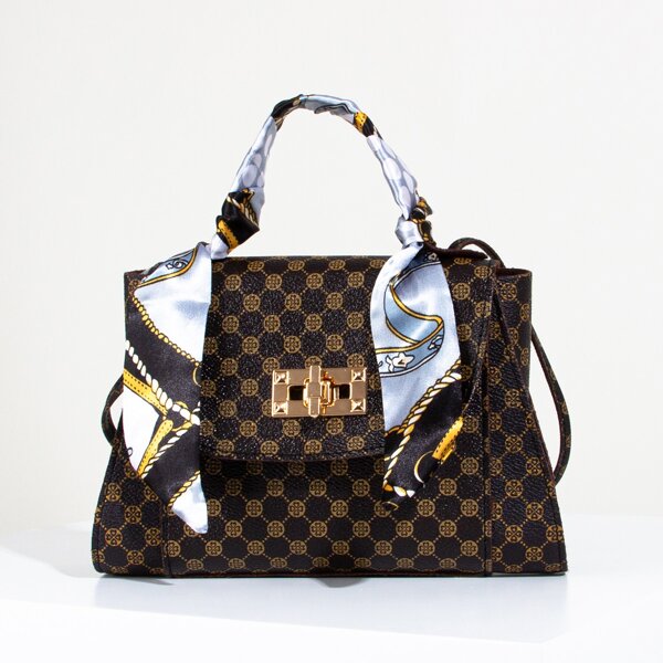 

Twilly Scarf Decor Flap Satchel Bag, Coffee brown