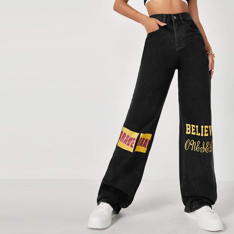 

High Waist Letter Graphic Jeans, Black