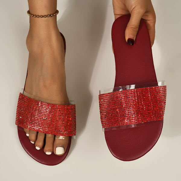 

Rhinestone Decor Slide Sandals, Red
