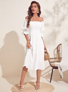 SHEIN VCAY Vestido Sólido Con Hombros Descubiertos Y Manga Abullonada - Blanco - Ver 3