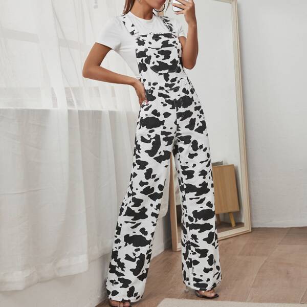 

Cow Print Wide Leg Denim Overalls, Black and white