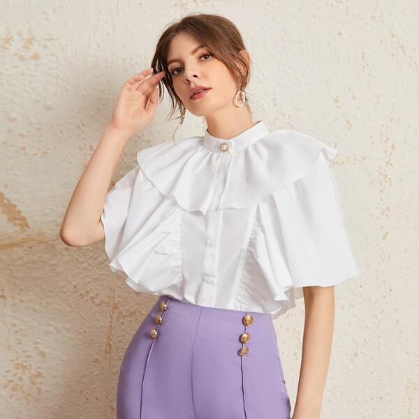 

Mock Neck Ruffle Trim Blouse, White