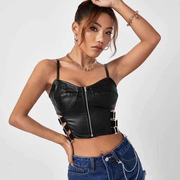 

Zip Front Patent Bustier Denim Top, Black