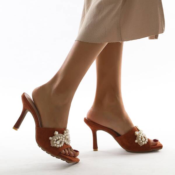 

Faux Pearl Decor Stiletto Heeled Mules, Brown