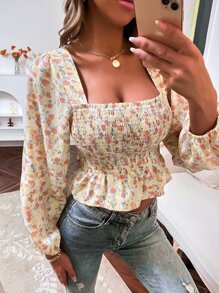 SHEIN Unity 小碎花打褶短版襯衫 - 彩色 - 查看 1