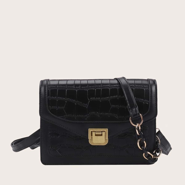 

Croc Embossed Flap Shoulder Bag, Black